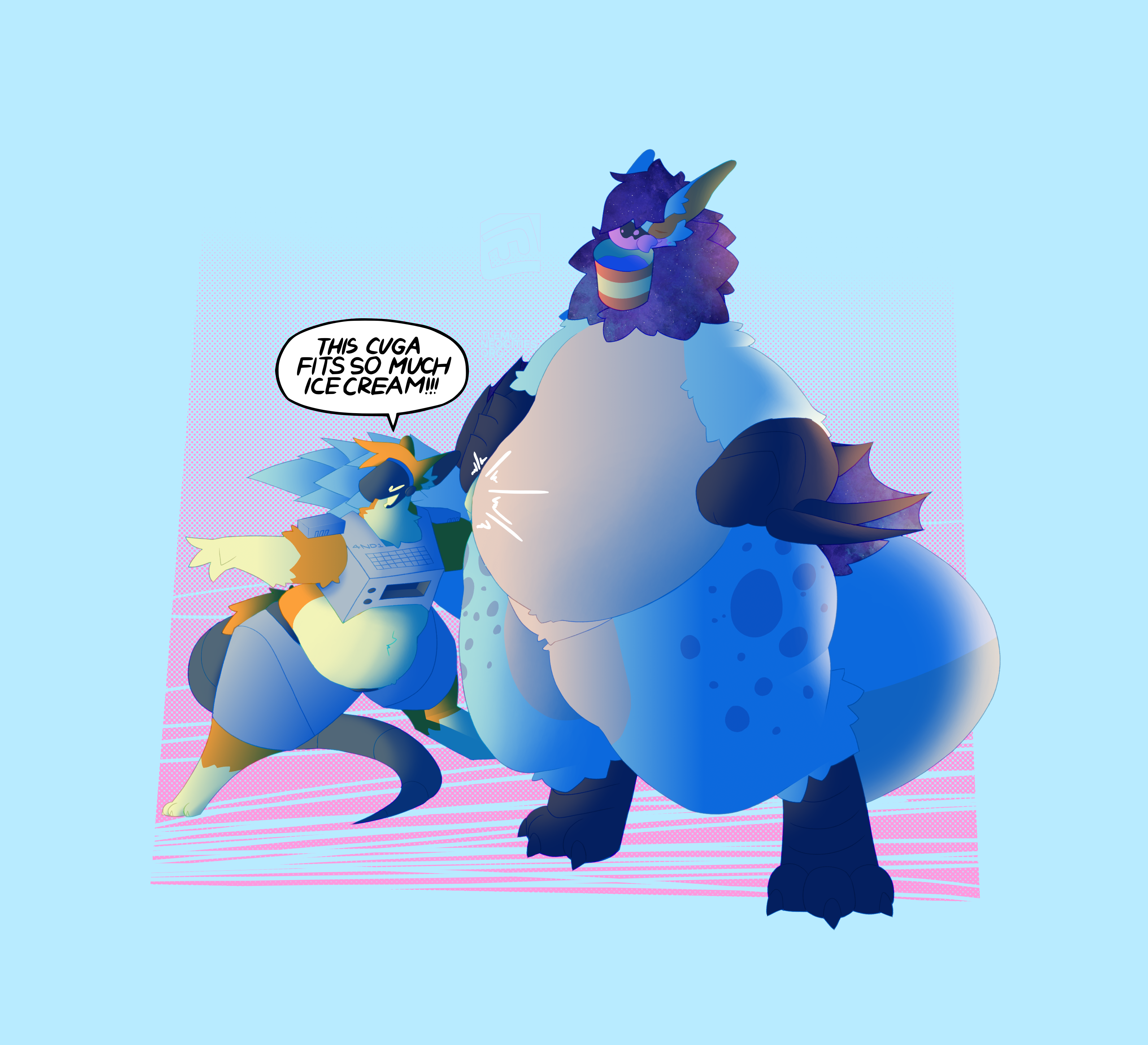 A round cuga stands, tired and full of ice cream, holding a nearly empty tub of ice cream in their mouth. A protogen slaps their stomach and points forward, yelling: 